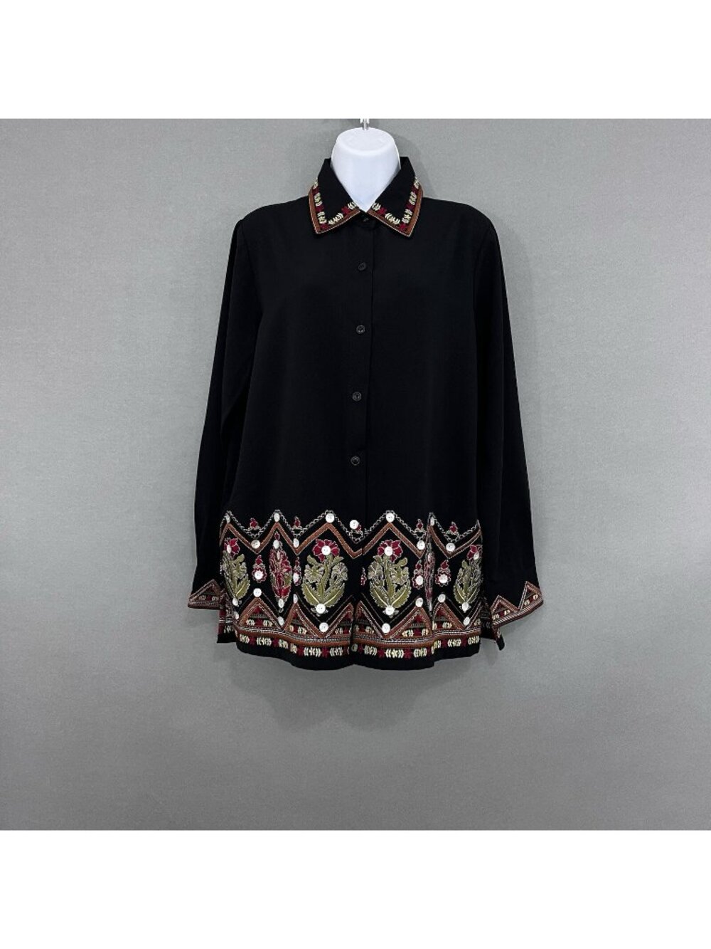 Victor Costa Black Floral Embroidered Button Detail Long Sleeve Blouse